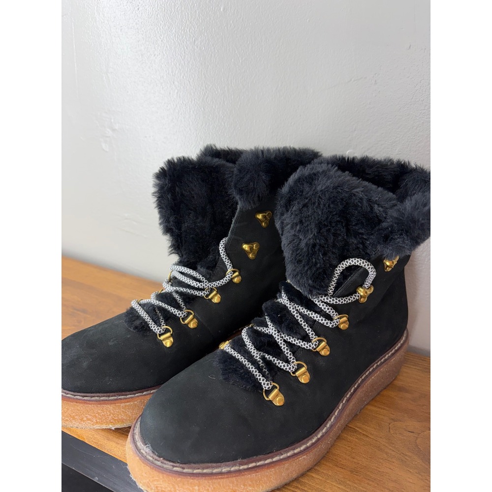 J.Crew Nordic Boots Black Leather Faux Fur Trim Crepe Sole Hiker Ankle Size 10
